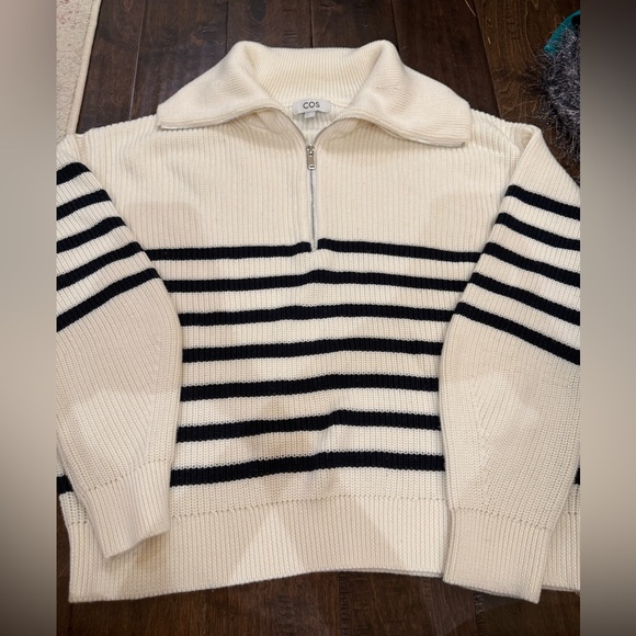 COS Wool and Cotton Half-Zip Jumper Quarter Zip Sweater Black Cream size Large - Picture 3 of 9